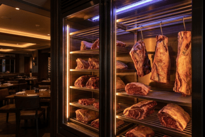 Cam kapaklı dry aged dolabının iç aydınlatması ve raflarda asılı dinlendirilmiş et parçaları