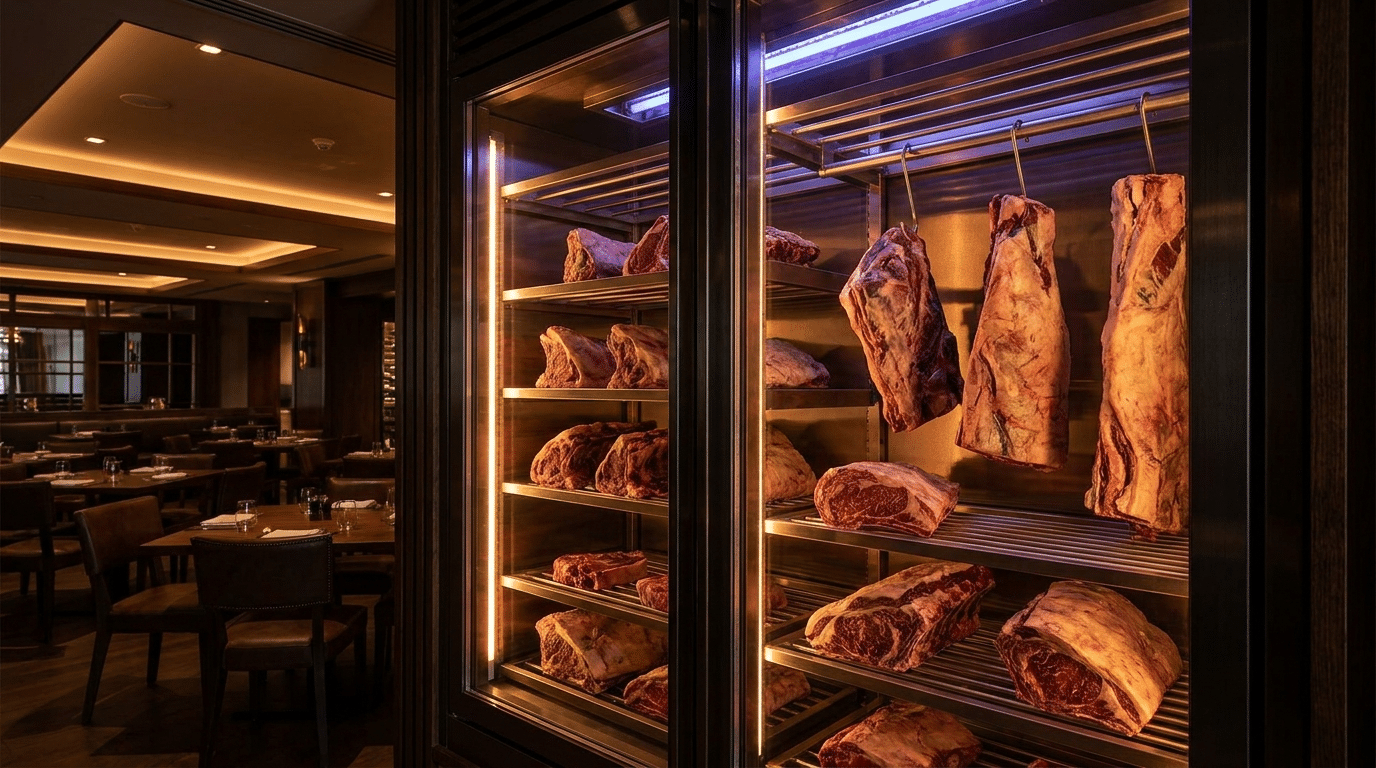 Cam kapaklı dry aged dolabının iç aydınlatması ve raflarda asılı dinlendirilmiş et parçaları