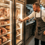 Dry aged dolabı bakımı ve temizliği yapan şef, profesyonel mutfakta et dinlendirme dolabı