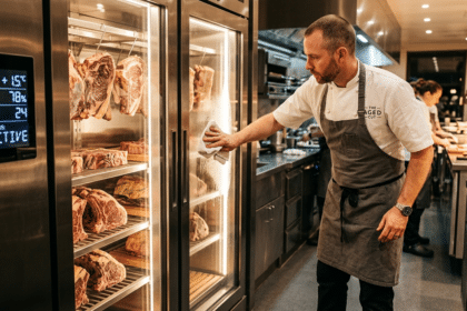 Dry aged dolabı bakımı ve temizliği yapan şef, profesyonel mutfakta et dinlendirme dolabı