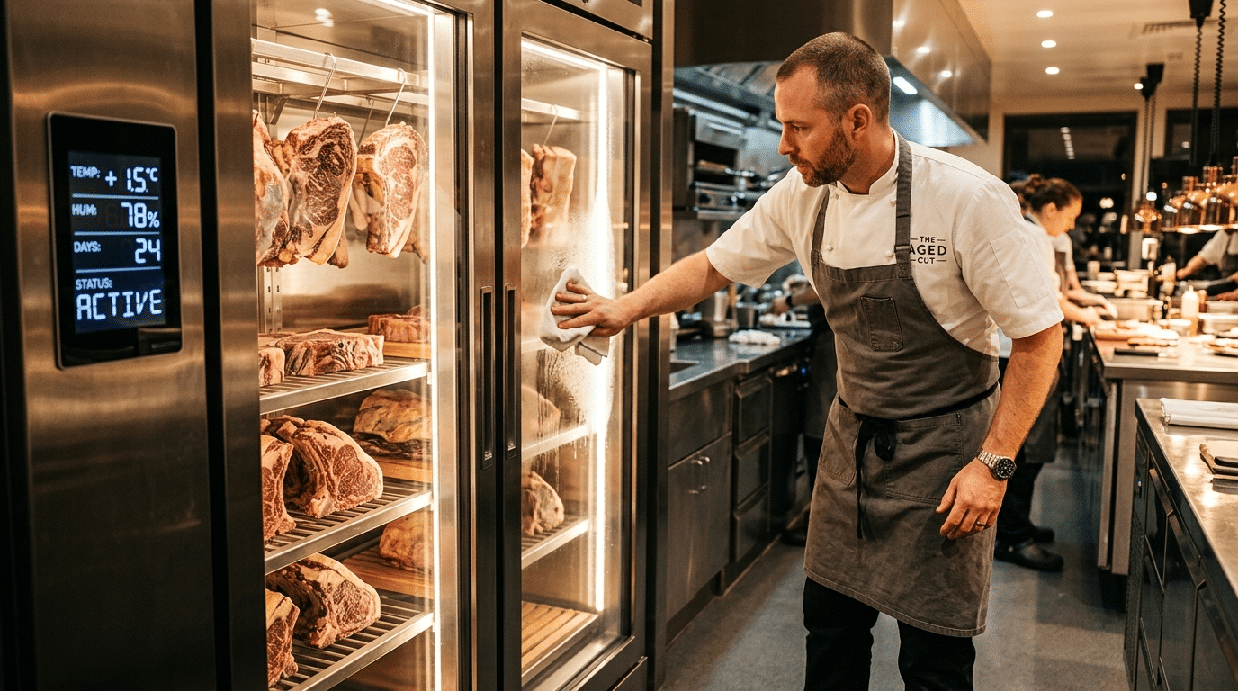 Dry aged dolabı bakımı ve temizliği yapan şef, profesyonel mutfakta et dinlendirme dolabı