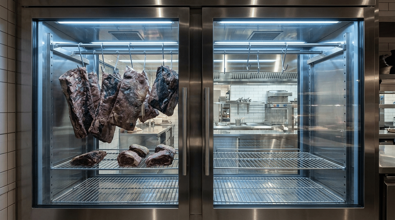 İki ayrı cam bölmeli paslanmaz çelik dry aged et dinlendirme dolabı
