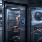 Dry aged dolabının iç kısmında evaporatör, fan ve dijital sıcaklık nem paneli