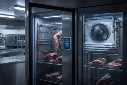 Dry aged dolabının iç kısmında evaporatör, fan ve dijital sıcaklık nem paneli