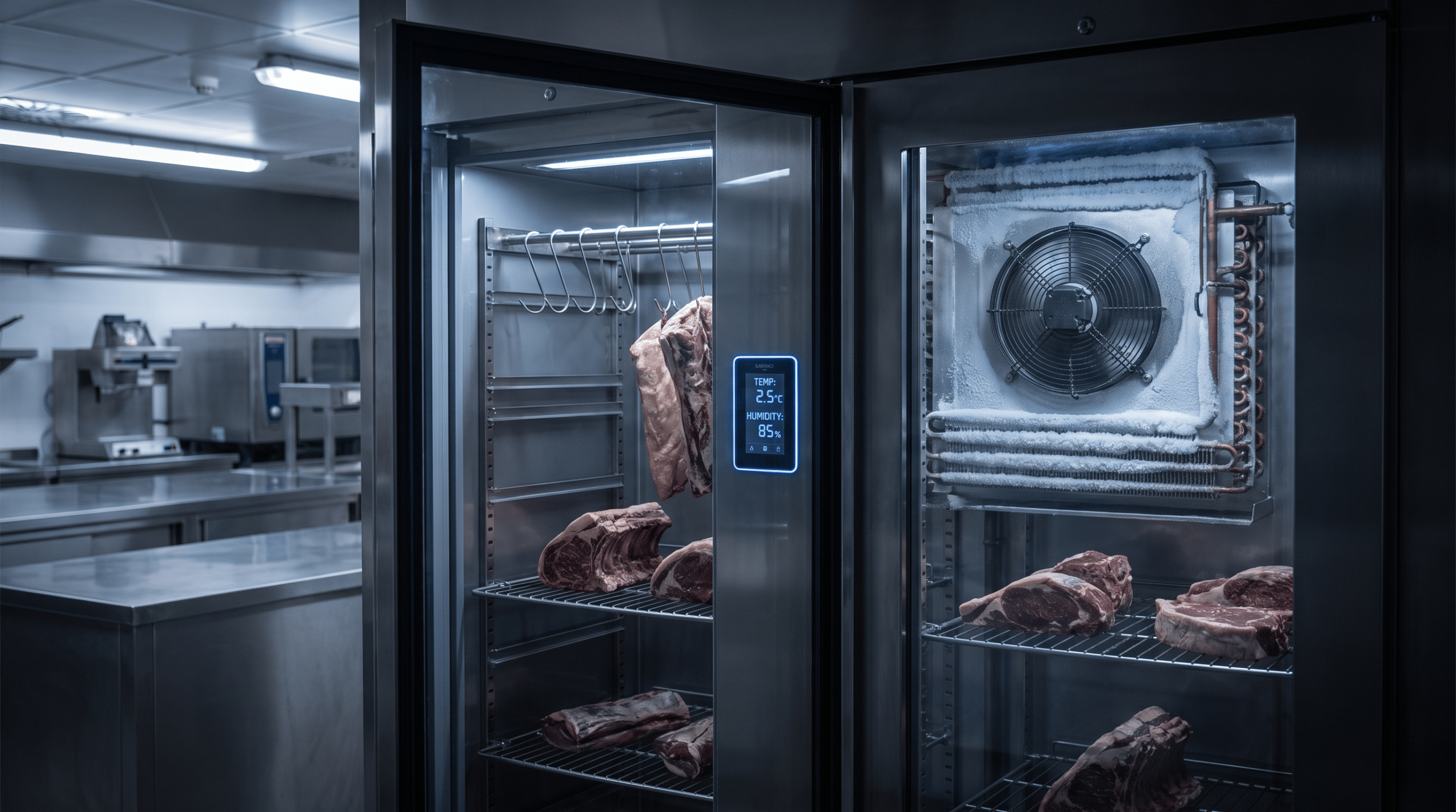 Dry aged dolabının iç kısmında evaporatör, fan ve dijital sıcaklık nem paneli