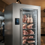 Profesyonel mutfakta dijital sıcaklık ve nem göstergeli paslanmaz dry aged dolabı