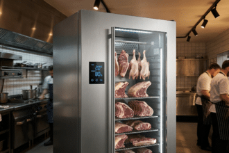 Profesyonel mutfakta dijital sıcaklık ve nem göstergeli paslanmaz dry aged dolabı