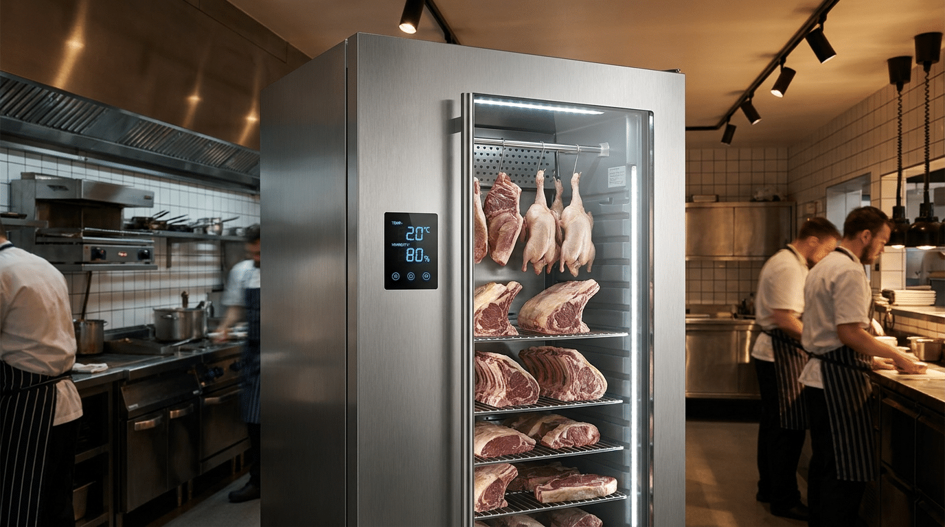 Profesyonel mutfakta dijital sıcaklık ve nem göstergeli paslanmaz dry aged dolabı