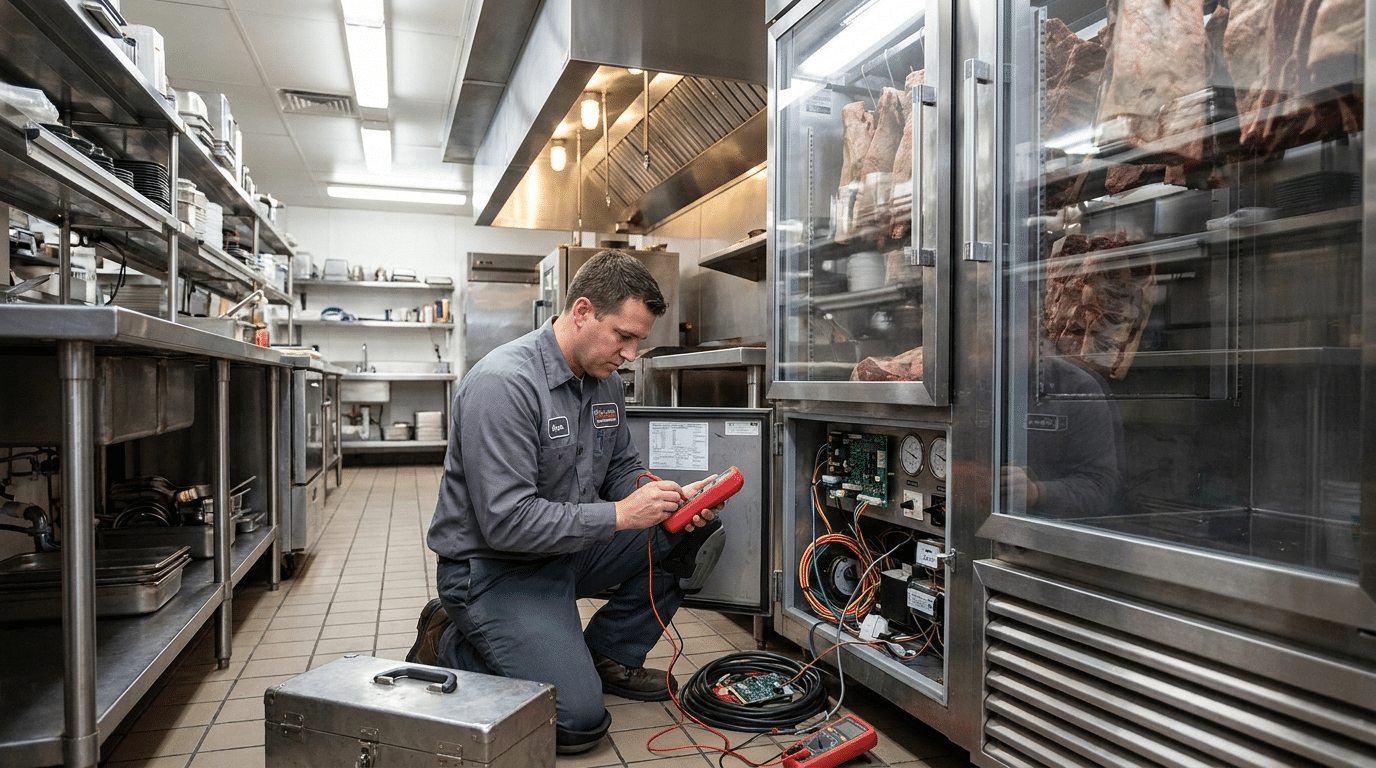 Teknisyen dry aged et dinlendirme dolabının kontrol panelinde servis yapıyor