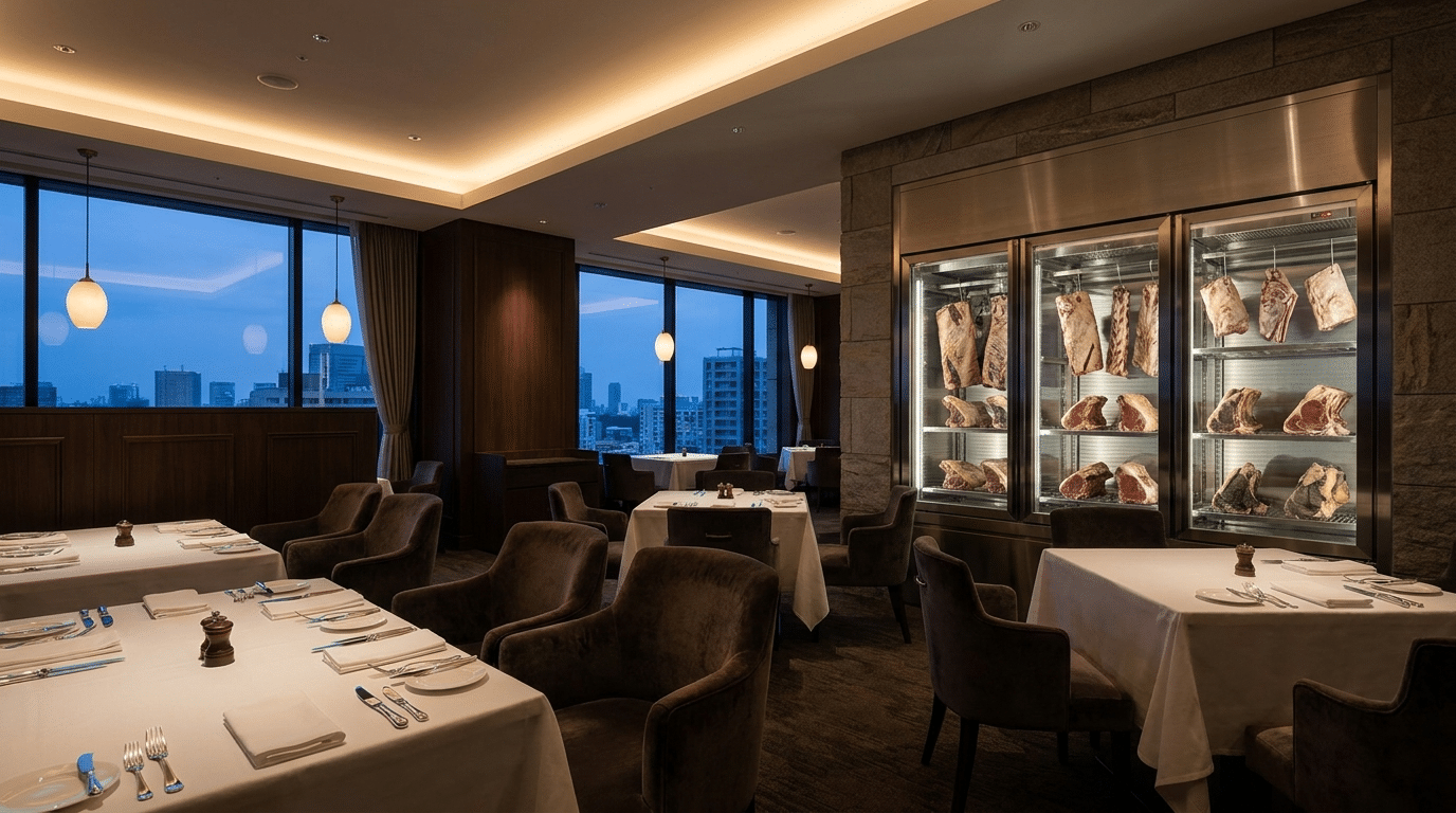 Steakhouse salonunda duvara entegre cam kapaklı dry aged et dinlendirme dolabı