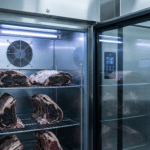 Cam kapılı paslanmaz çelik dry aged dolabının iç görünümü; fan ızgarası, UV lambası ve dijital nem-sıcaklık paneli