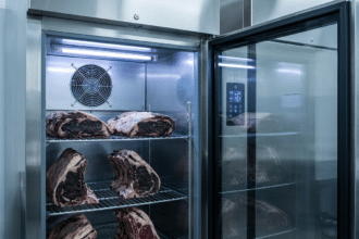Cam kapılı paslanmaz çelik dry aged dolabının iç görünümü; fan ızgarası, UV lambası ve dijital nem-sıcaklık paneli
