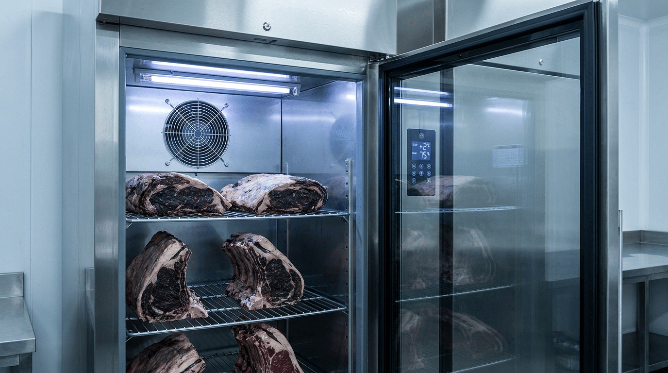 Cam kapılı paslanmaz çelik dry aged dolabının iç görünümü; fan ızgarası, UV lambası ve dijital nem-sıcaklık paneli