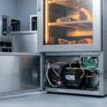 Dry aged dolabının servis paneli açık halde inverter kompresör ve soğutma ünitesi