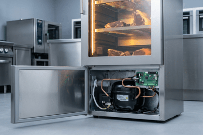 Dry aged dolabının servis paneli açık halde inverter kompresör ve soğutma ünitesi