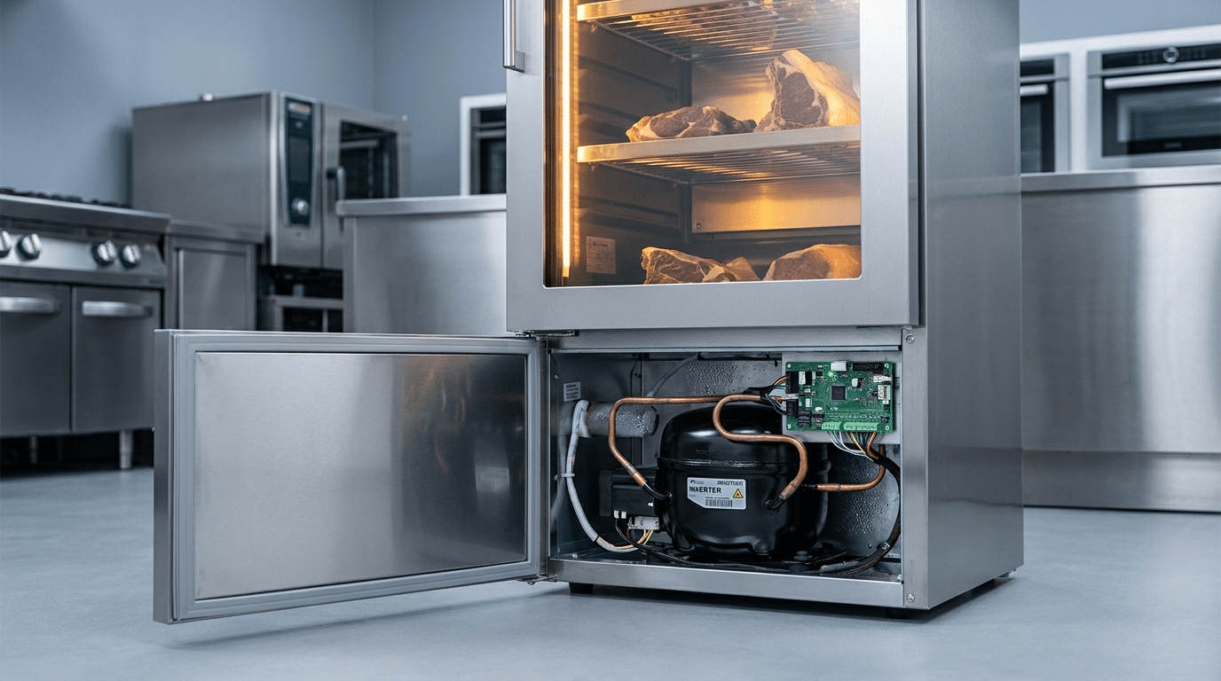 Dry aged dolabının servis paneli açık halde inverter kompresör ve soğutma ünitesi