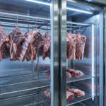 Paslanmaz kancalara asılmış et parçalarının hava boşluğu bırakılarak dizildiği dry aged dolabı içi