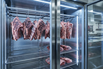 Paslanmaz kancalara asılmış et parçalarının hava boşluğu bırakılarak dizildiği dry aged dolabı içi