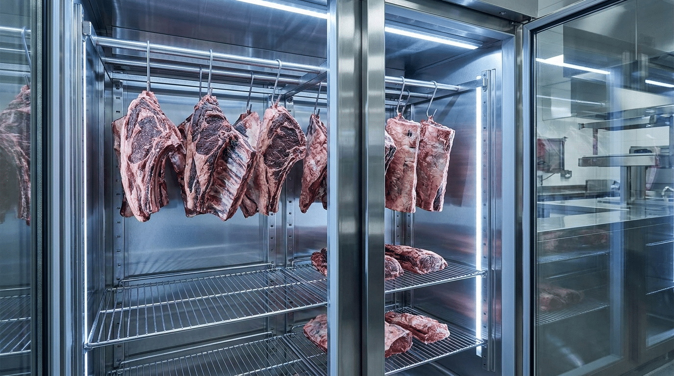 Paslanmaz kancalara asılmış et parçalarının hava boşluğu bırakılarak dizildiği dry aged dolabı içi