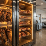 Asılı et parçalarıyla dolu endüstriyel dry aged et dinlendirme dolabı