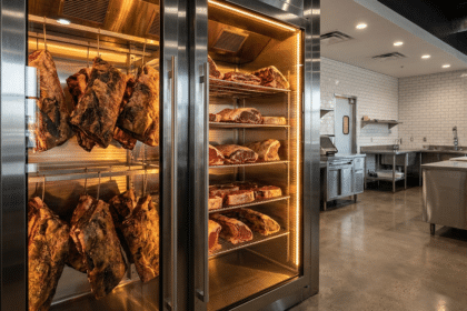 Asılı et parçalarıyla dolu endüstriyel dry aged et dinlendirme dolabı