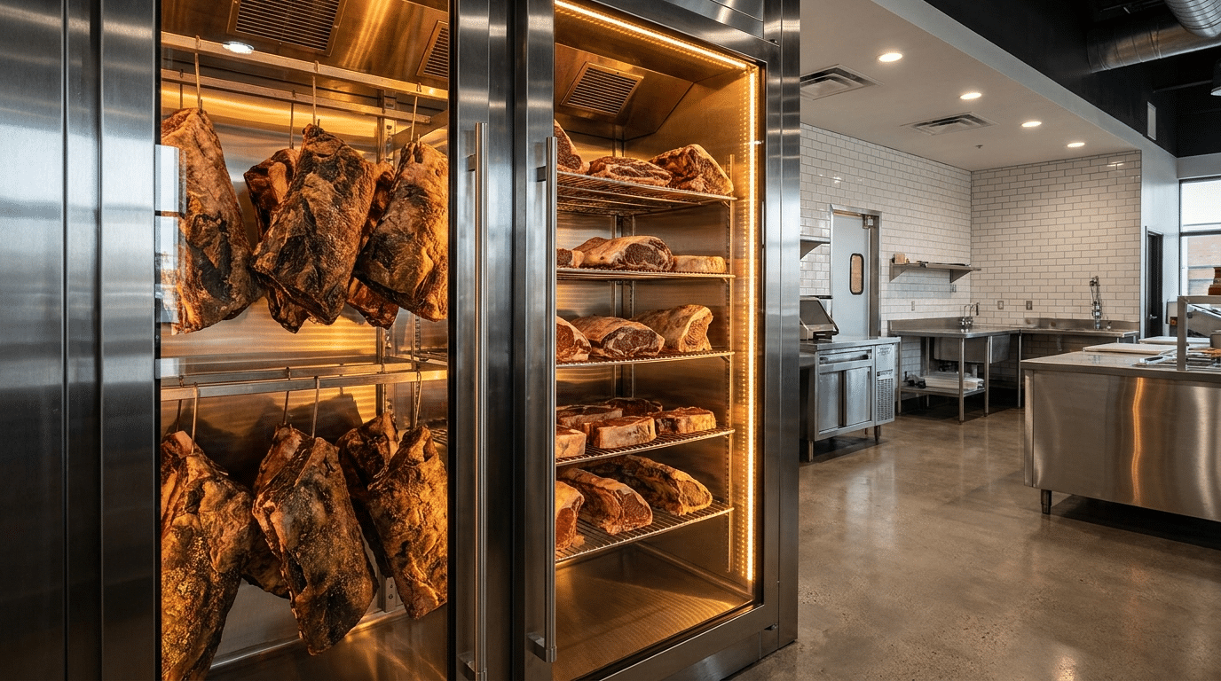 Asılı et parçalarıyla dolu endüstriyel dry aged et dinlendirme dolabı