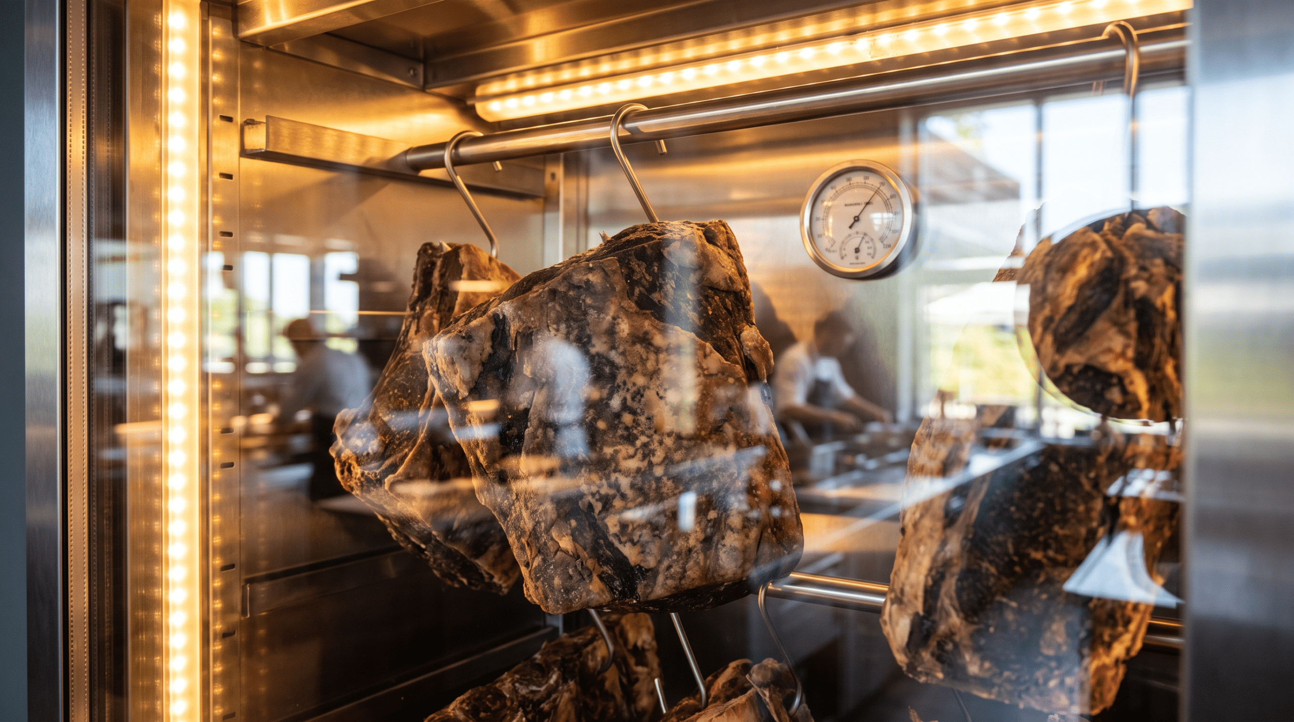 Yaz sıcağında çalışan dry aged et dinlendirme dolabının içinde kancalarda asılı dana etleri