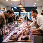 Kasap vitrininde dry aged et inceleyen müşteri ve kasabın bilgi vermesi