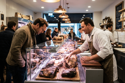 Kasap vitrininde dry aged et inceleyen müşteri ve kasabın bilgi vermesi