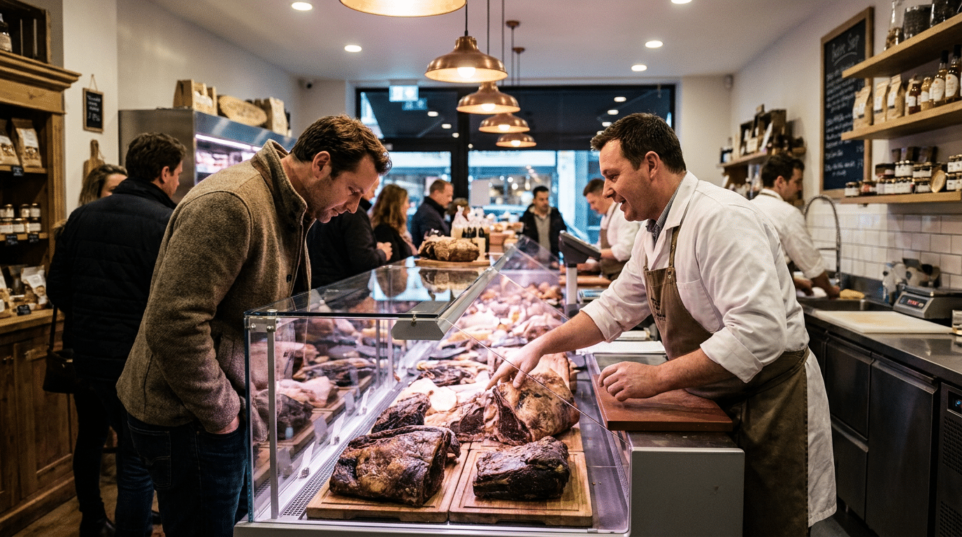 Kasap vitrininde dry aged et inceleyen müşteri ve kasabın bilgi vermesi
