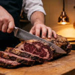 Dry aged antrikotun uzun dilimleme bıçağıyla eşit kalınlıkta porsiyonlara ayrılması