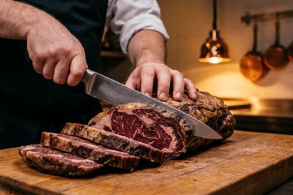 Dry aged antrikotun uzun dilimleme bıçağıyla eşit kalınlıkta porsiyonlara ayrılması