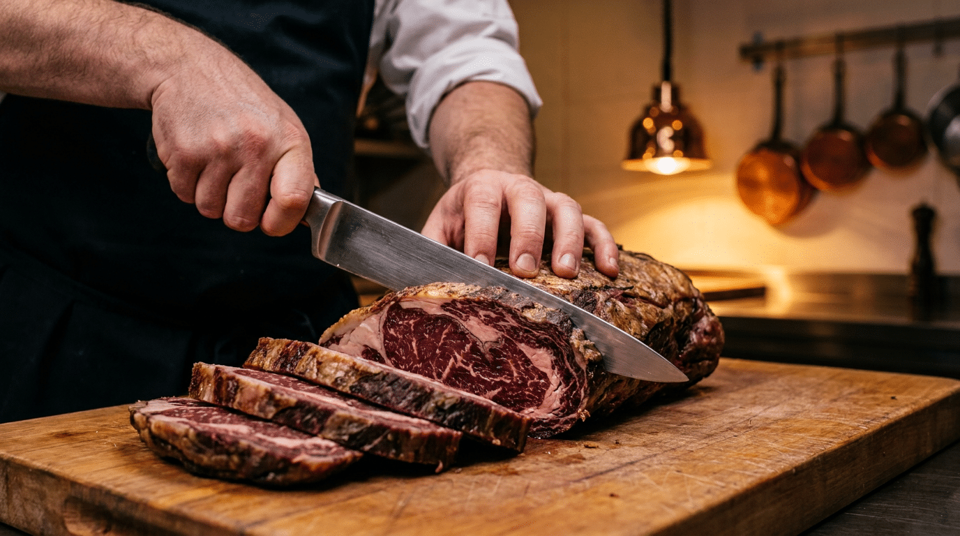 Dry aged antrikotun uzun dilimleme bıçağıyla eşit kalınlıkta porsiyonlara ayrılması
