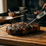 Ahşap kesme tahtası üzerinde dinlendirilen kalın dry aged biftek ve termometre probu