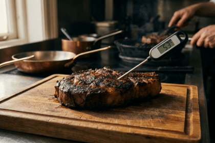 Ahşap kesme tahtası üzerinde dinlendirilen kalın dry aged biftek ve termometre probu