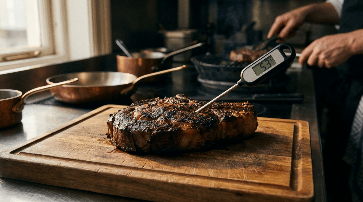 Ahşap kesme tahtası üzerinde dinlendirilen kalın dry aged biftek ve termometre probu