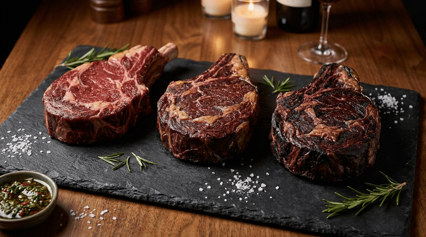21, 45 ve 90 gün dry aged olgunlaştırılmış üç antrikot bifteğinin karşılaştırması