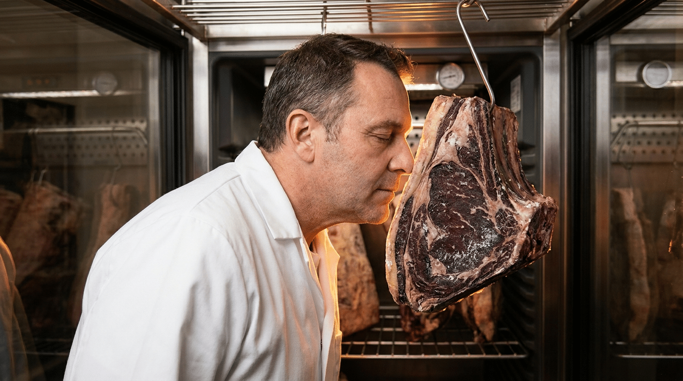 Kasap, dry aged dolabında asılı dinlendirilmiş antrikot loinunun kokusunu kontrol ediyor