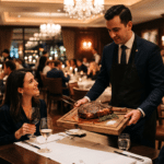 Garsonun misafir masasında ahşap tahta üzerinde bütün dry aged kemikli antrikotu sunması