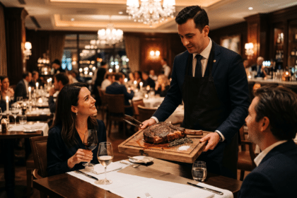 Garsonun misafir masasında ahşap tahta üzerinde bütün dry aged kemikli antrikotu sunması