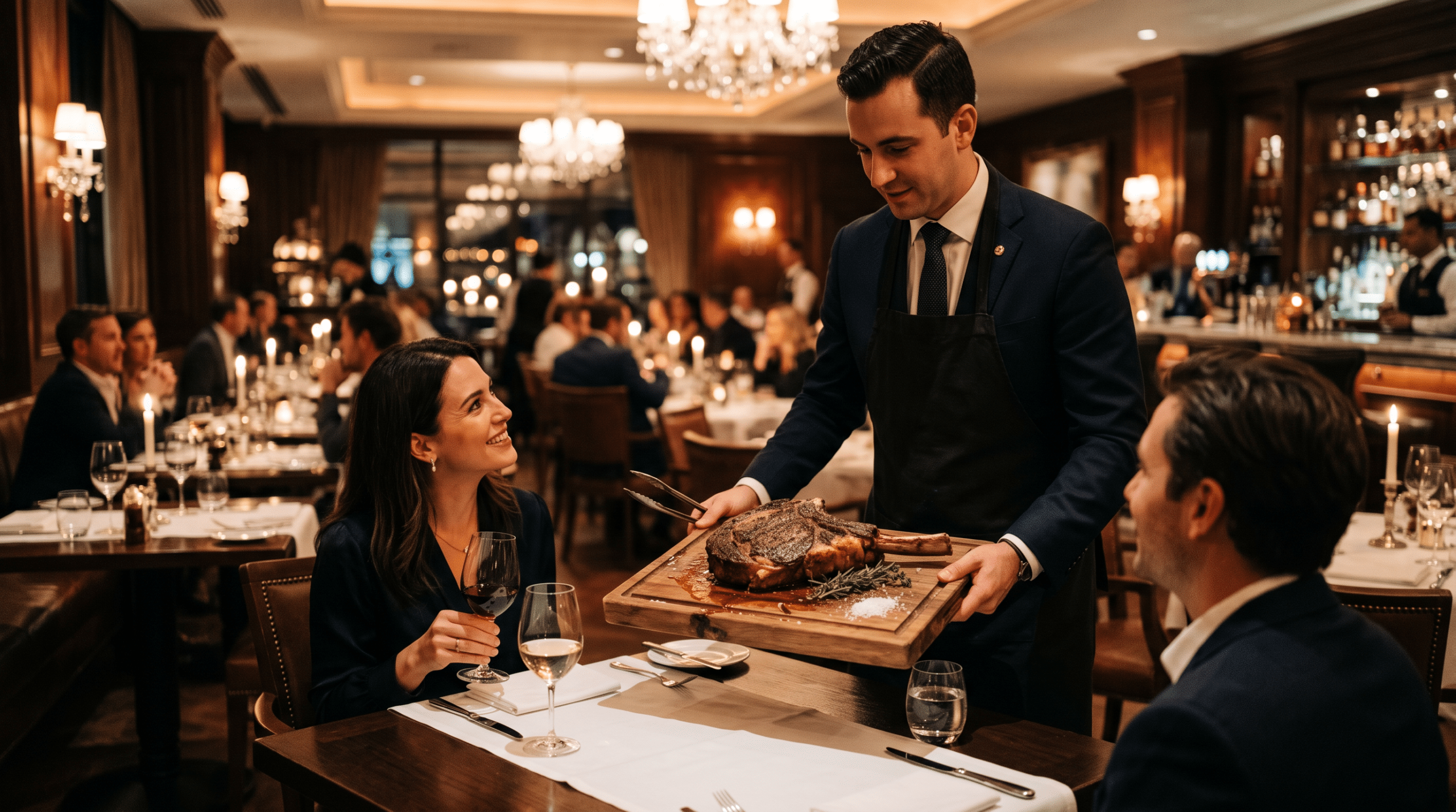 Garsonun misafir masasında ahşap tahta üzerinde bütün dry aged kemikli antrikotu sunması