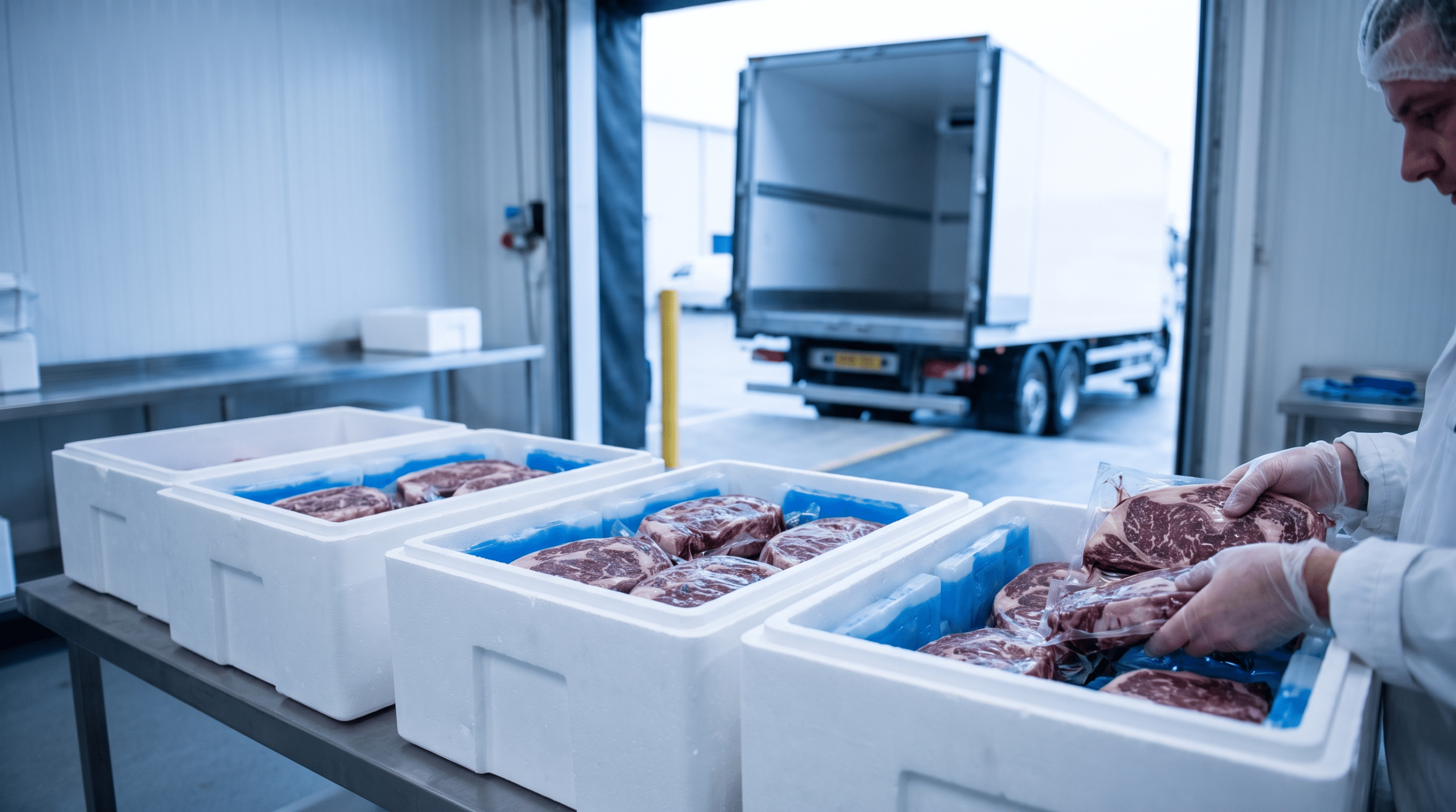 Vakumlanmış dry aged et parçalarının izolasyonlu kutulara ve jel buz paketleriyle sevkiyata hazırlanması