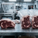 Vakumlanmış porsiyonlanmış dry aged et dilimleri kasap tezgâhında