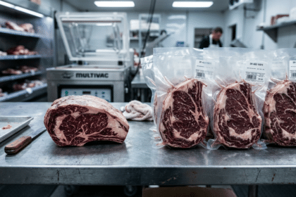 Vakumlanmış porsiyonlanmış dry aged et dilimleri kasap tezgâhında