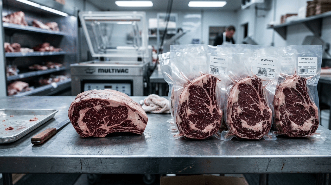 Vakumlanmış porsiyonlanmış dry aged et dilimleri kasap tezgâhında