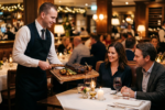 Steakhouse garsonunun ahşap tahta üzerinde dry aged tomahawk biftek sunumu yapması