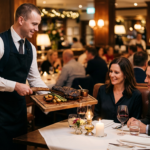 Steakhouse garsonunun ahşap tahta üzerinde dry aged tomahawk biftek sunumu yapması