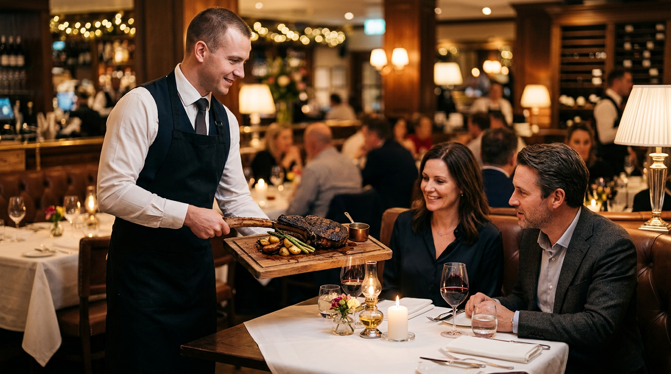 Steakhouse garsonunun ahşap tahta üzerinde dry aged tomahawk biftek sunumu yapması