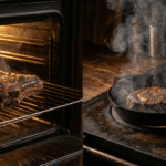 Dökme demir tavada mühürlenen kalın dry aged antrikot