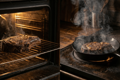Dökme demir tavada mühürlenen kalın dry aged antrikot